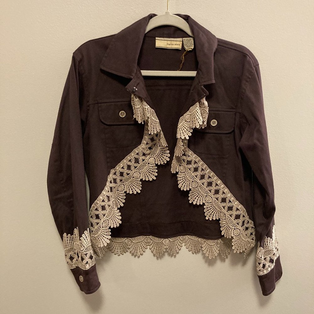 Vtg Jacket Carrie Allen Women's Sz Lg Brown Cropped Beige Lace Retro Festival